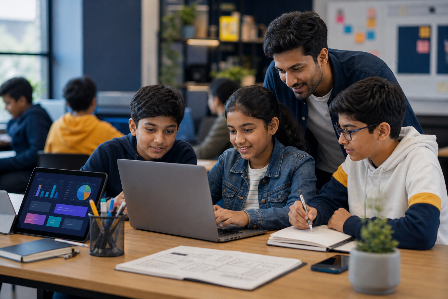 Indian pre-teen students building an app and data project with mentor guidance