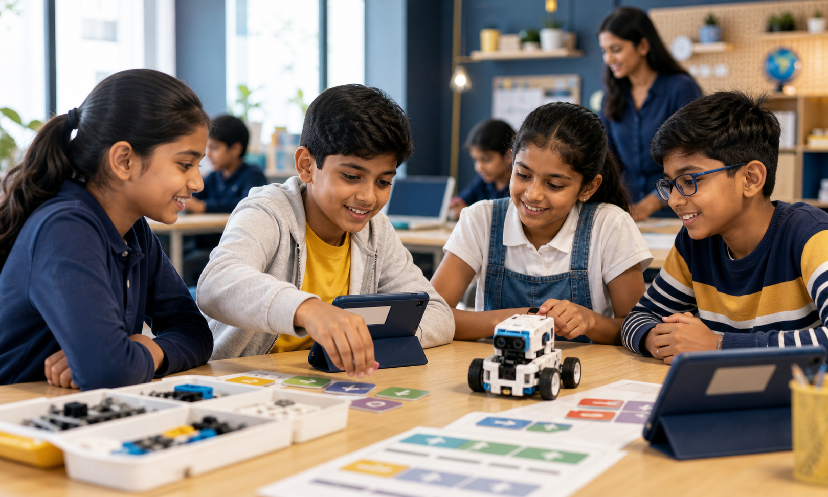Indian school kids exploring robotics and logic cards in a classroom