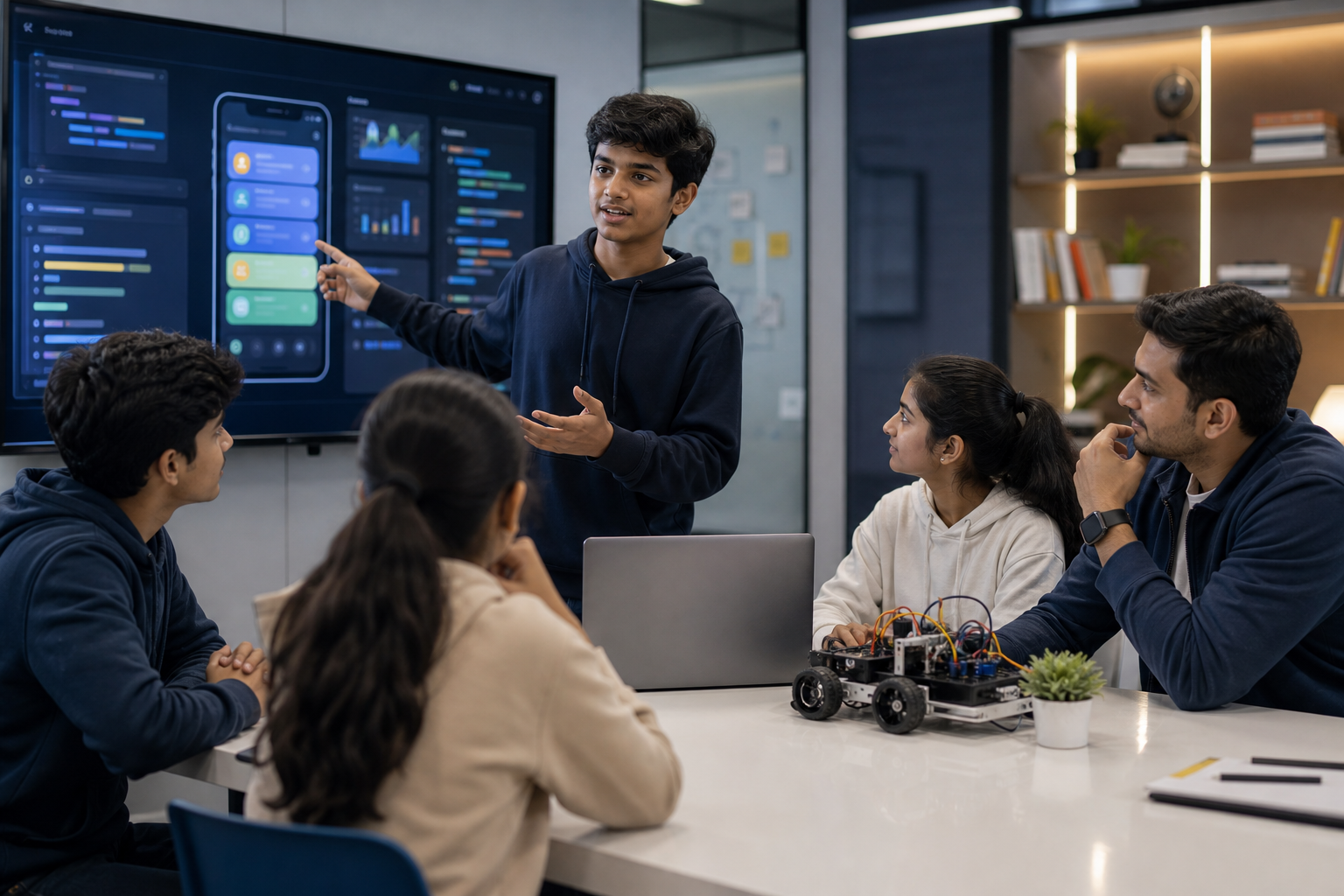 Indian teen students presenting a software and robotics project demo