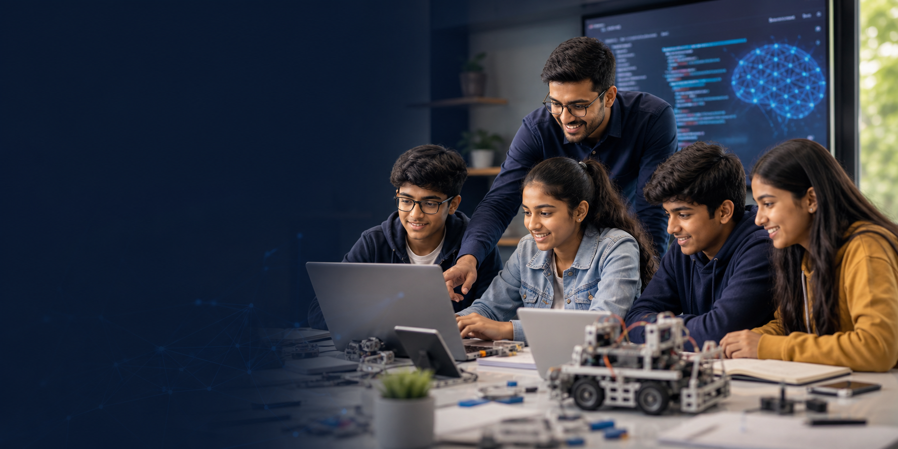 Indian students learning coding, AI, and robotics with mentor guidance